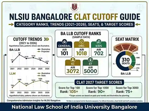 NLSIU Bangalore Cutoff 2026  |  Complete guide showing CLAT category-wise ranks for General AIR 101, OBC AIR 1018, EWS AIR 702, SC AIR 3072, ST AIR 5000; BA LLB and LLM cutoff trends 2021 to 2026, seat matrix 310 seats, and CLAT 2027 target scores for National Law School of India University Bangalore
