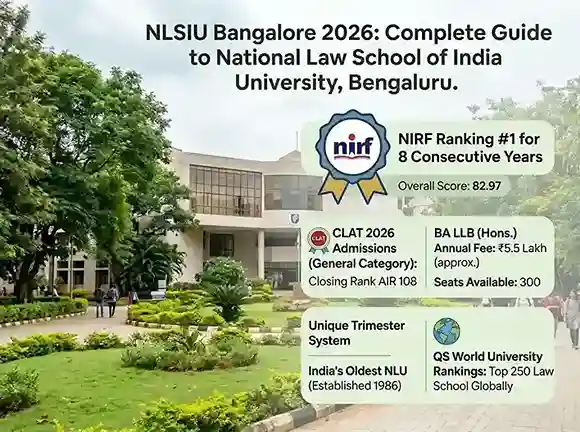 NLSIU Bangalore 2026 complete guide to National Law School of India University Bengaluru showing NIRF number 1 ranking for 8 consecutive years with overall score 82.97 CLAT 2026 General category closing rank AIR 108 BA LLB annual fee 5 lakh 300 seats unique trimester system QS World Top 250 law school India oldest NLU established 1986