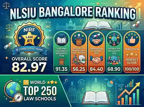 NLSIU Bangalore Ranking 2025  |  NIRF Law #1 for 8 consecutive years with overall score 82.97, parameter-wise breakdown showing TLR 91.35, RPC 56.25, GO 84.40, OI 68.90 and perfect Perception score 100/100, QS World Top 250 law schools