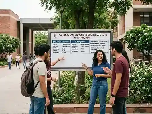 NLU Delhi Fee Structure 2026  |  National Law University Delhi campus showing fee breakdown for BA LLB and LLM programmes including tuition, hostel, mess charges and scholarship opportunities for India's second-ranked law school