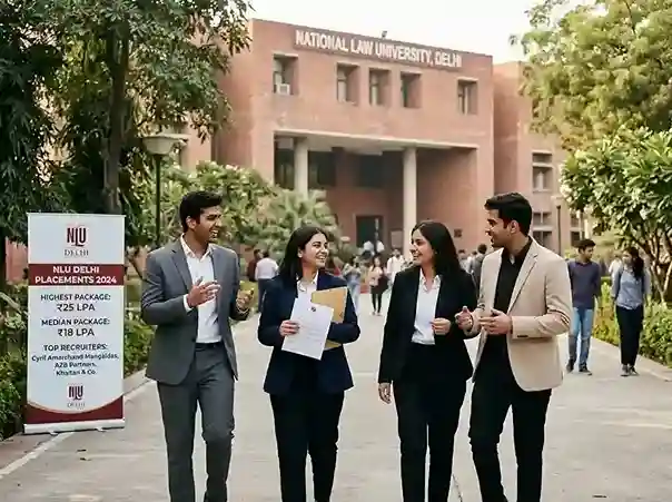 NLU Delhi Placements 2025  |  highest package ₹25 LPA, median ₹18 LPA, top recruiters Cyril Amarchand Mangaldas, AZB Partners, Khaitan & Co