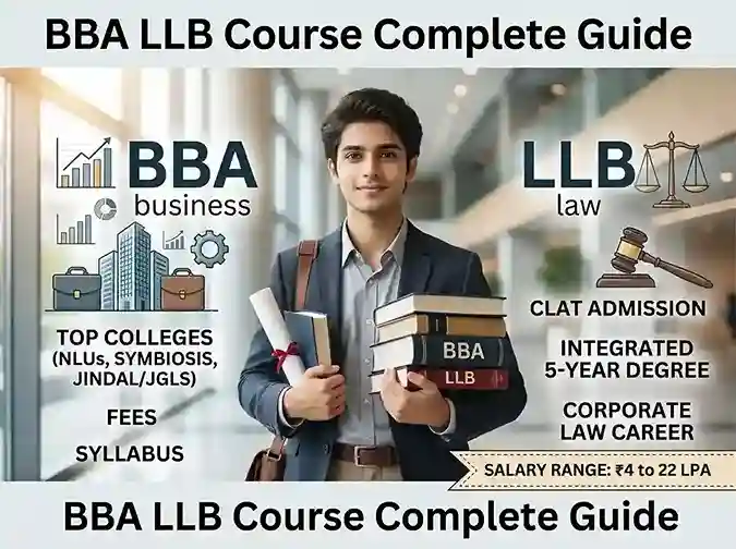BBA LLB Course 2026-27 complete guide  |  5-year integrated law degree combining BBA and LLB, top colleges NLUs Symbiosis Jindal JGLS, fees, syllabus, CLAT admission, career scope in corporate law and salary range ₹4 to 22 LPA