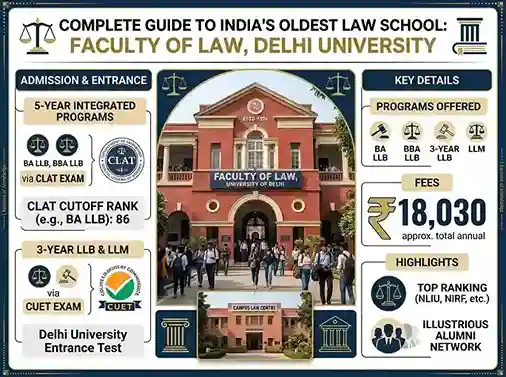 Faculty of Law Delhi University 2026 — complete guide to India's oldest law school: BA LLB BBA LLB via CLAT, 3-year LLB and LLM via CUET, fees ₹18,030, CLAT cutoff rank 86, campus law centre, ranking and alumni