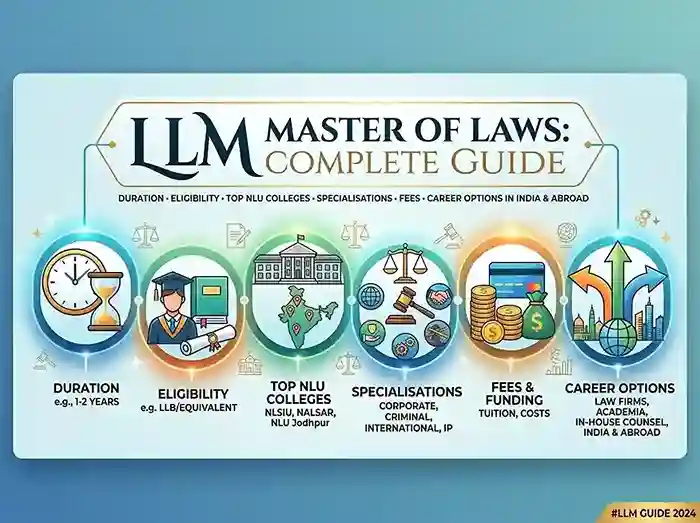 LLM Master of Laws Course 2026  |  Complete Guide showing duration, eligibility, top NLU colleges, specialisations, fees and career options in India and abroad