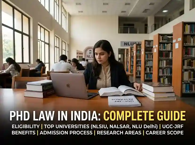 PhD Law in India 2026  |  complete guide to doctoral legal research covering eligibility, top universities NLSIU NALSAR NLU Delhi, UGC-JRF benefits, admission process, research areas and career scope