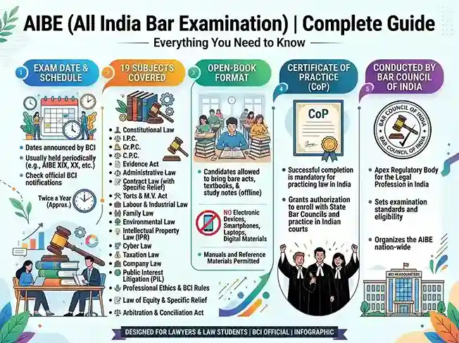 AIBE 2026 All India Bar Examination  |  complete guide infographic showing exam date June 7 2026, 19 subjects, open-book format, Certificate of Practice, conducted by Bar Council of India