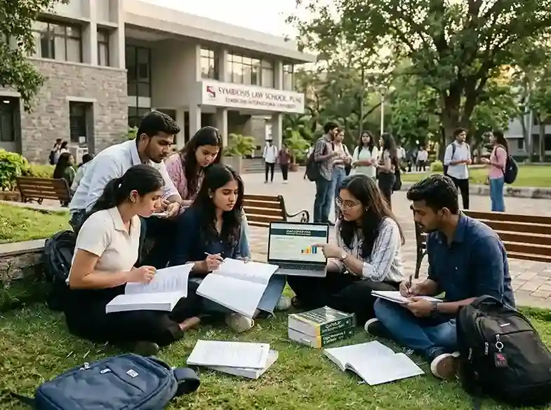 SLAT Cutoff 2026 – Symbiosis Law Schools campus and students preparing for law entrance exam