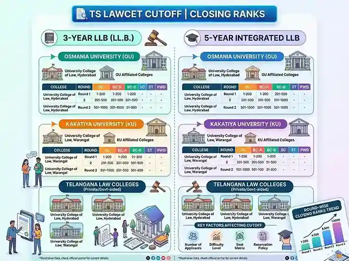 TS LAWCET Cutoff 2026 — category-wise, college-wise and round-wise closing ranks infographic for 3-Year LLB and 5-Year LLB across Osmania University, Kakatiya University and all Telangana law colleges