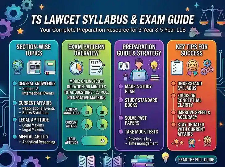 TS LAWCET Syllabus 2026 — Telangana State Law Common Entrance Test section-wise topics, exam pattern, preparation guide for 3-year and 5-year LLB