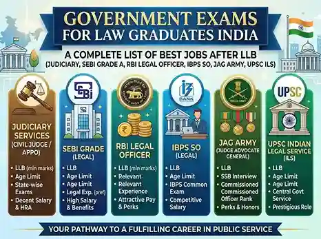Government Exams for Law Graduates India 2026  |  complete list of jobs after LLB including judiciary, SEBI Grade A, RBI legal officer, IBPS SO, JAG Army, UPSC Indian Legal Service with salary and eligibility details