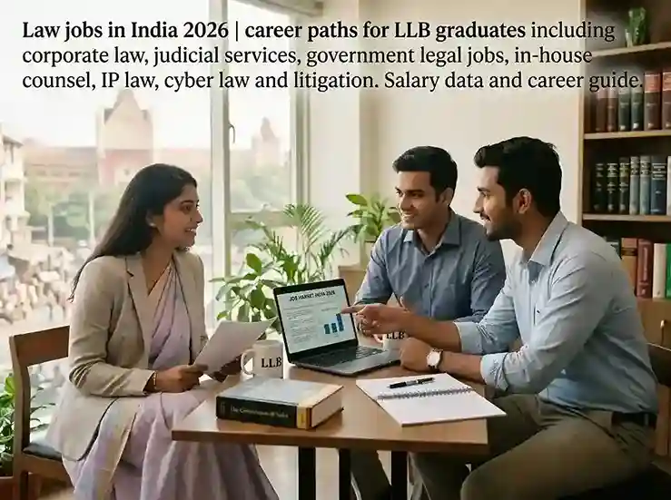 Law jobs in India 2026  |  career paths for LLB graduates including corporate law, judicial services, government legal jobs, in-house counsel, IP law, cyber law and litigation. Salary data and career guide.