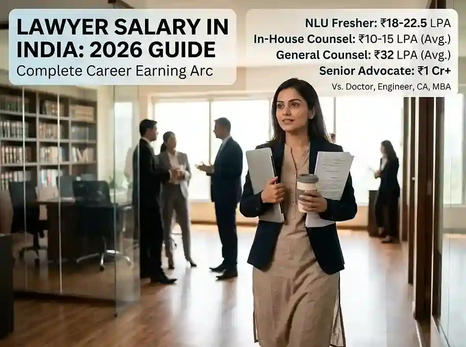 Lawyer Salary in India 2026  |  Complete Guide covering NLU fresher ₹18-22.5 LPA, Senior Advocate ₹1Cr+, General Counsel ₹32 LPA average, in-house counsel ₹10.15 LPA, comparison with doctor engineer CA IAS MBA salaries and full career earning arc