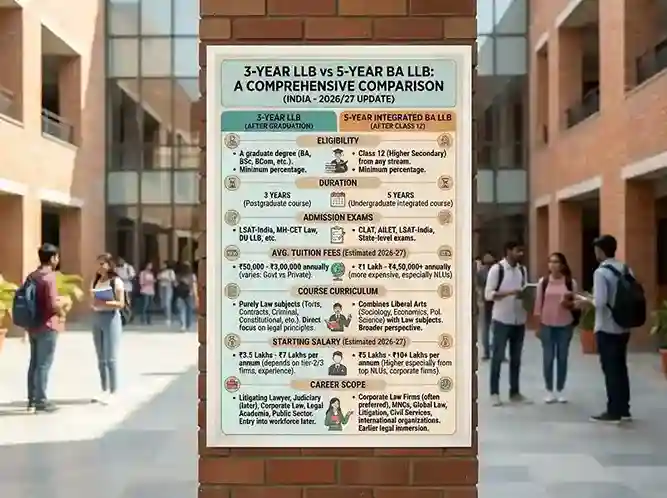 LLB vs BA LLB difference  |  comparison of 3-year LLB and 5-year BA LLB law programmes in India, eligibility, duration, fees and career scope