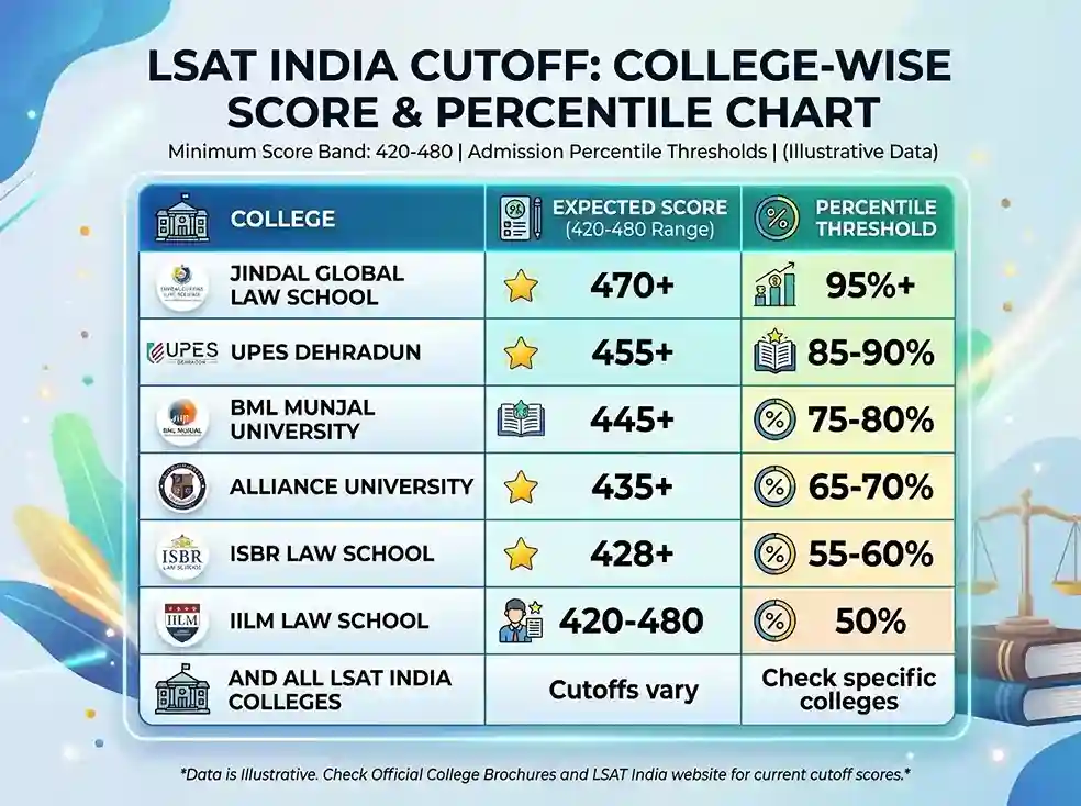 LSAT India Cutoff 2025  |  College-wise minimum score and percentile chart for Jindal Global Law School, UPES, BML Munjal, Alliance, and all LSAT India participating colleges showing score band 420-480 and admission percentile thresholds