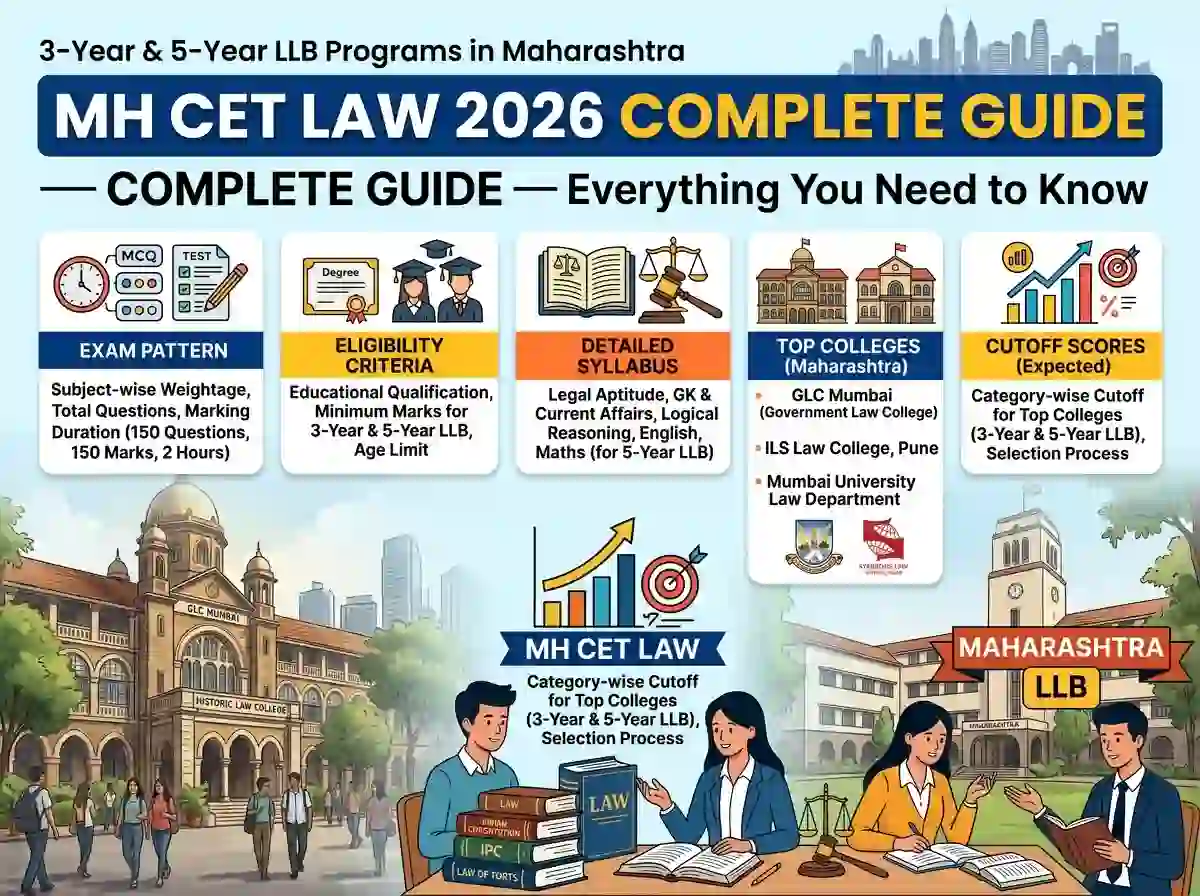 MH CET Law 2026 complete guide — exam pattern, eligibility, syllabus, top colleges like GLC Mumbai and ILS Pune, and cutoff for 3-year and 5-year LLB programs in Maharashtra