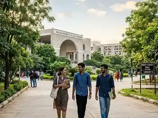 NALSAR Hyderabad review 2026  |  Justice City campus, academic block, hostels, moot court, students at NALSAR University of Law Hyderabad