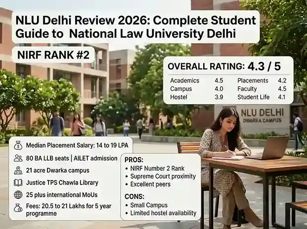 NLU Delhi Review 2026  |  complete student guide to National Law University Delhi NIRF rank 2 showing overall rating 4.3 out of 5 across academics 4.5, placements 4.2, campus 4.0, faculty 4.5, hostel 3.9, student life 4.1, median placement salary 14 to 19 LPA, 80 BA LLB seats AILET admission, 21 acre Dwarka campus, Justice TPS Chawla Library, 25 plus international MoUs, fees 20.5 to 21 lakhs for 5 year programme, pros including NIRF number 2 Supreme Court proximity excellent peers and cons including small campus limited hostel availability