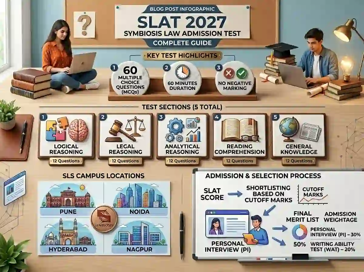 SLAT 2027 Symbiosis Law Admission Test complete guide  |  infographic showing 60 MCQs in 60 minutes across 5 sections, no negative marking, SLS campus locations Pune Noida Hyderabad Nagpur, cutoff marks and PI weightage