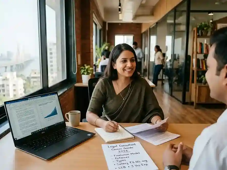 Start Your Career as a Legal Consultant in India 2026  |  complete guide covering types of legal consultants, average salary ₹6.16 LPA, freelance and retainer models, eligibility LLB with 3 years experience, skills and career growth path