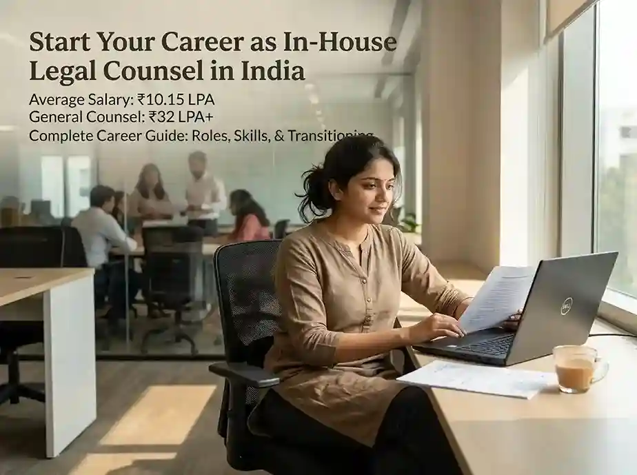 Start Your Career as Legal Counsel in India 2026  |  complete career guide covering in-house counsel salary ₹10.15 LPA average, General Counsel ₹32 LPA, roles, responsibilities, skills and how to transition from law firm to in-house legal department