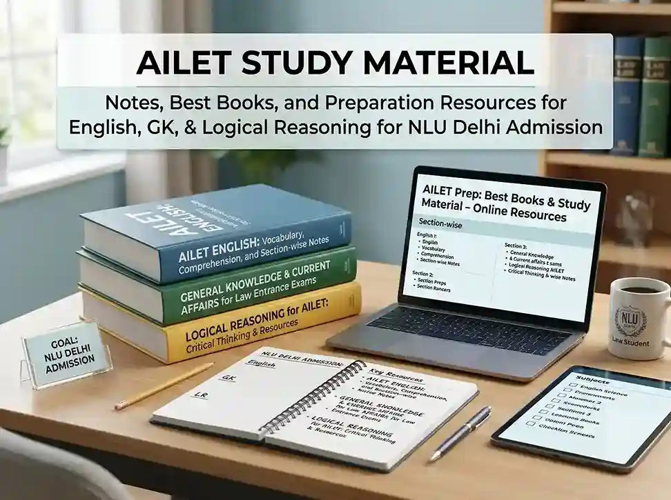 AILET Study Material 2026-27  |  section-wise notes, best books and preparation resources for English, GK & Current Affairs, and Logical Reasoning for NLU Delhi admission