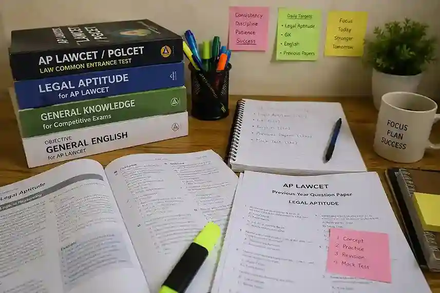 AP LAWCET study material  |  books, notes, and question papers on a desk