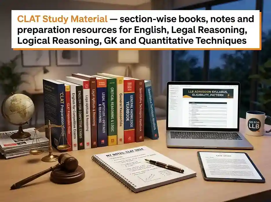 CLAT Study Material 2026-27 — section-wise books, notes and preparation resources for English, Legal Reasoning, Logical Reasoning, GK and Quantitative Techniques