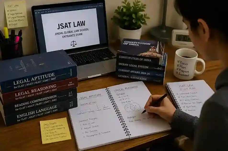 JSAT Law study material  |  student preparing for Jindal Global Law School entrance exam with books and notes
