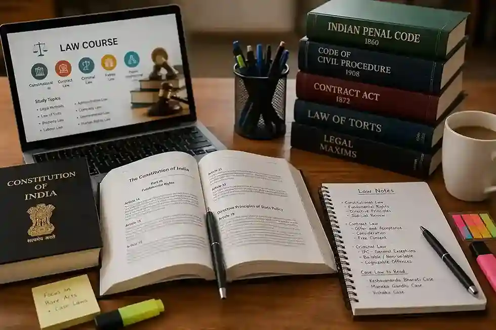 Study material for law courses in India laid out with books and notes