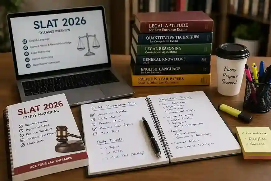 SLAT study material 2026 and law courses in India guide showing exam syllabus, preparation books, and integrated LLB course options