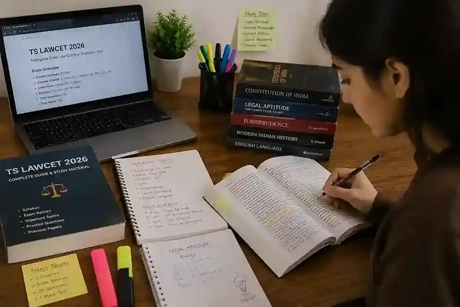 TS LAWCET study material books and law course notes spread on a desk