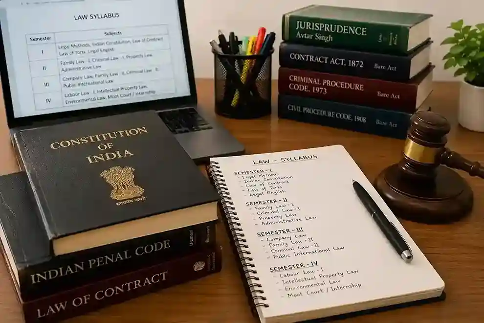 Law course syllabus India  |  books, gavel, and semester chart on a desk