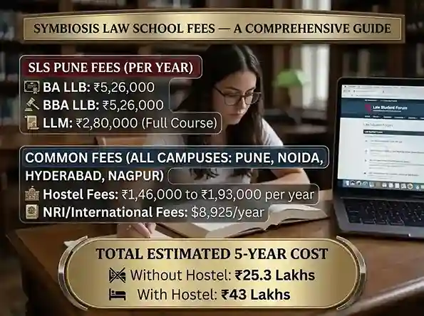 Symbiosis Law School Fees 2026  |  complete guide showing SLS Pune BA LLB fee ₹5,26,000 per year, BBA LLB ₹5,26,000, LLM ₹2,80,000 full course, hostel fees ₹1,46,000 to ₹1,93,600 per year, NRI fees $8,925/year, total 5-year cost ₹25.3 lakhs without hostel and ₹43 lakhs with hostel for all campuses Pune Noida Hyderabad Nagpur