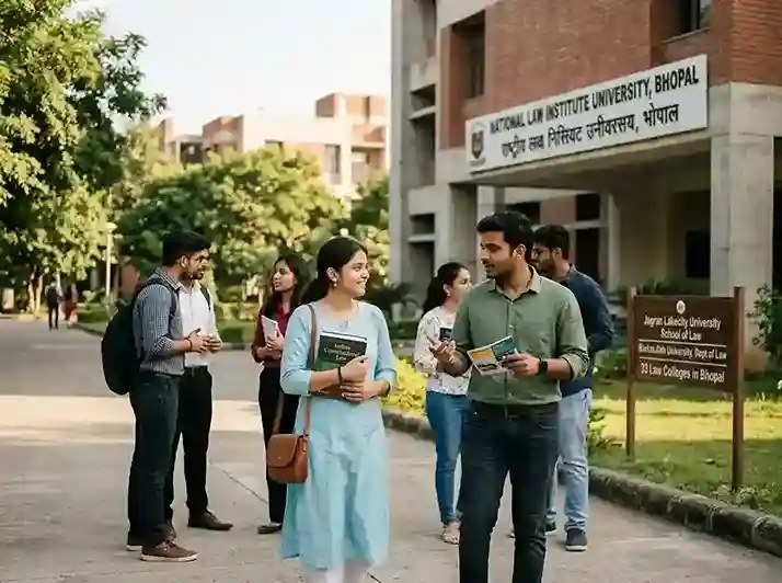 Top Law Colleges in Bhopal 2026-27  |  NLIU Bhopal National Law Institute University ranked NIRF 27, CLAT 2026 cutoff rank 432 for General category, median placement 16 LPA, BSc LLB Cyber Security programme, Jagran Lakecity University School of Law, Career College of Law, Barkatullah University, 33 law colleges in Bhopal Madhya Pradesh with fees admission and ranking details