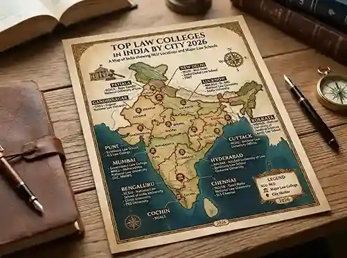Top law colleges in India by city 2026  |  map of India showing NLU locations in Bangalore, Delhi, Hyderabad, Kolkata, Gandhinagar, Pune, Mumbai, Lucknow and other major cities