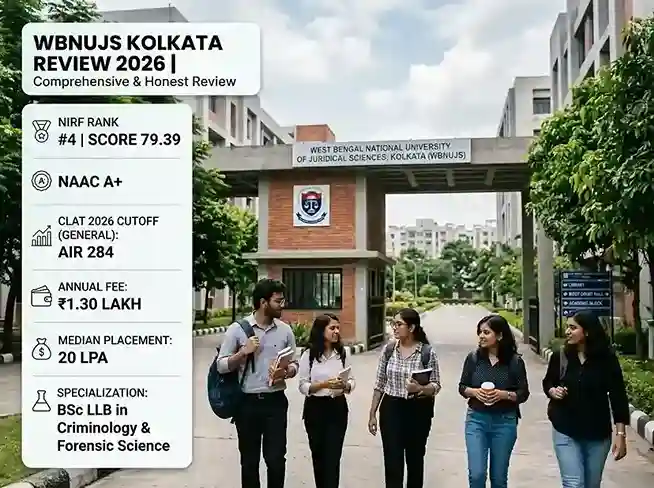 WBNUJS Kolkata Review 2026 comprehensive honest review of West Bengal National University of Juridical Sciences covering NIRF rank 4 with score 79.39 NAAC A plus CLAT 2026 cutoff AIR 284 for general category annual fee 1 lakh 30 thousand rupees median placement 20 LPA unique BSc LLB in criminology and forensic science Salt Lake City Kolkata campus facilities and student experience